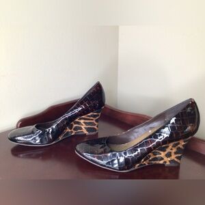 Diego Di Lucca Brown Crocodile Pattern Wedge Shoes leopard print animal fur 9